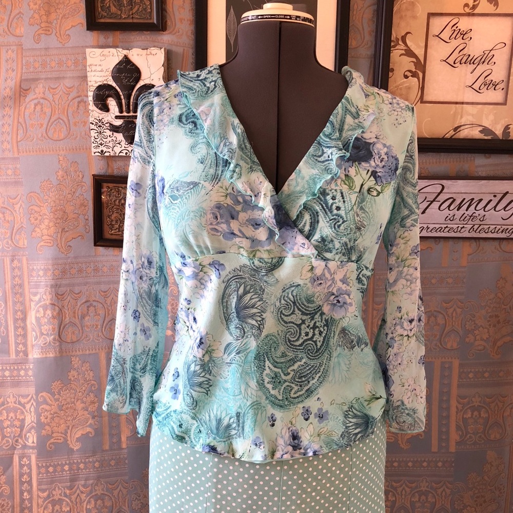 Silk Blouse Aqua floral ruffles French style Large